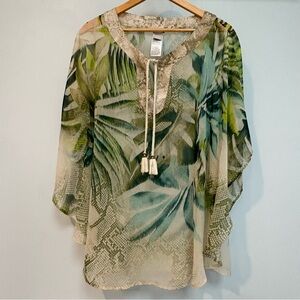 Chico’s Kaftan Tunic Swim Cover Up Size Women’s S Tropical Theme Resort Sheer